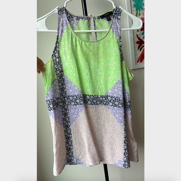 J. Crew Colorblock/Patchwork Windowpane Ditsy Floral Silk Tank - Size 4 - Picture 2 of 7